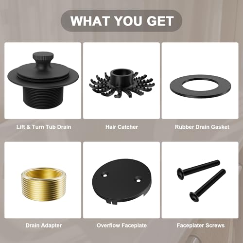 Bathtub Drain Stopper Tub Trim Set with Two-Hole Overflow Faceplate | 11.5/16 UNC Tub Drain Hair Catcher, Premium Brass Lift and Turn Twist Tub Drains Replacement Trim Kit, Matte Black
