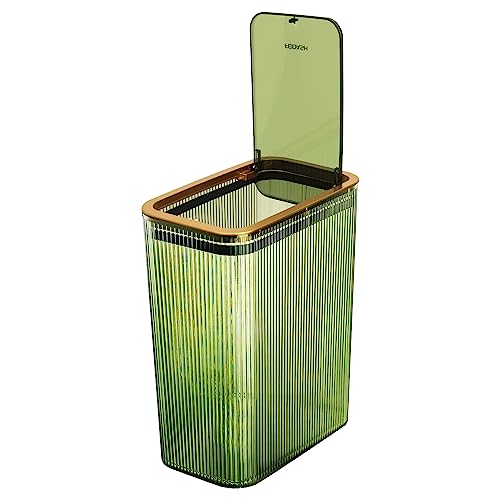 Bathroom Trash Cans with Lids, 2.6 Gallon (Green) | Garbage Can for Bedroom, Office, Plastic Slim Waste Basket with Press Top Lid, 10L Clear Trash Bin for Home, Kitchen