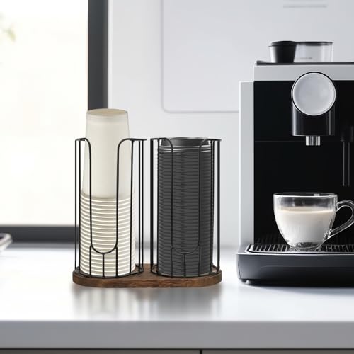 2-Compartment 18oz Coffee Cup Dispenser Rack with Wood Base, Disposable Cup, and Lid Organizer for Countertop - Perfect for Paper Cups, and Lid Organizer