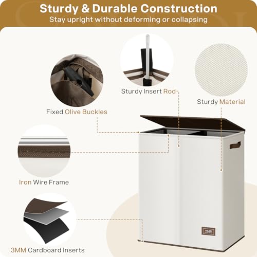 SOLEDI Luxury Double Laundry Hamper with Lid and Removable Bags, 38.3 Gal Large Laundry Bin, Laundry Basket 2 Sections, Collapsible Clothes Hamper for Bedroom, Laundry Room, Bathroom, Off-white