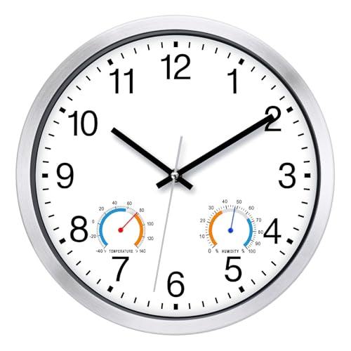 Caysie 12 Inch Indoor Outdoor Clocks Waterproof with Thermometer and Hygrometer Combo, Silent Battery Operated Quartz Metal Wall Clock for Patio Pool Bathroom Home (White)