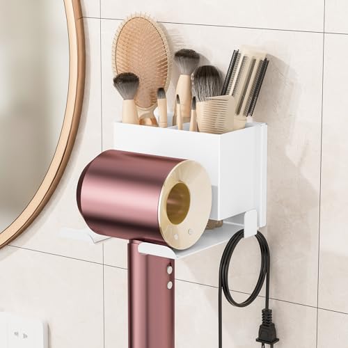 BOIVSHI Hair Dryer Holder, White Blow Dryer Holder, 2 Installation Options | Hair Dryer Wall Mount for Bathroom, Space Saving Hair Dryer Storage with Hook, Adhesive and Screw Mounting