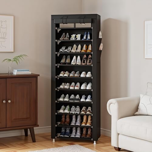 UDEAR 10-Tier Shoe Rack Organizer for Entryway with Dustproof Cover,Black | Free Standing,Shoe Shelf for Closet,Garage,Dorm,Large Capacity,Front Door Entrance, Vertical Tall Narrow Shoe Rack