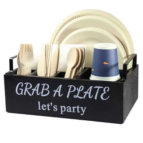 Paper Plate Holder, Utensil Caddy Organizer, Wood... (6 compartment | Wood)