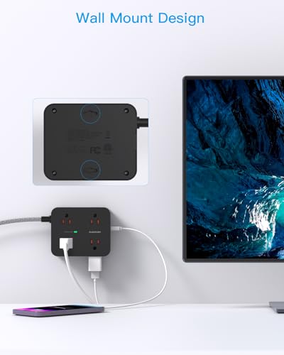 HANYCONY Surge Protector Power Strip, 1080J, 5 Ft Braided Extension Cord | 8 Outlets 4 USB Ports(2 USB C), Outlet Extender, Flat Plug, Wall Mount, Desk Charging Station, Home Office, Dorm Room ETL