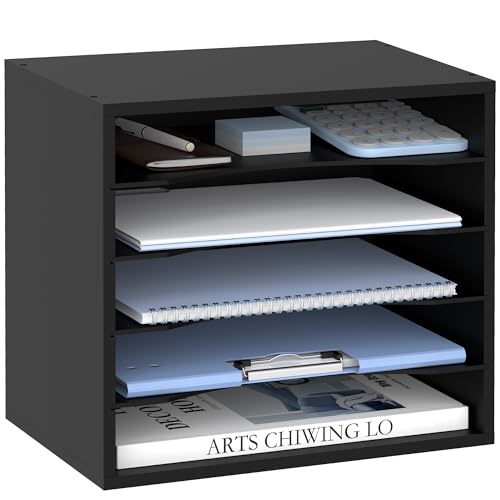 5 Tier Wood Desk Organizer, Mail Sorter and Paper... (Black | Wood)