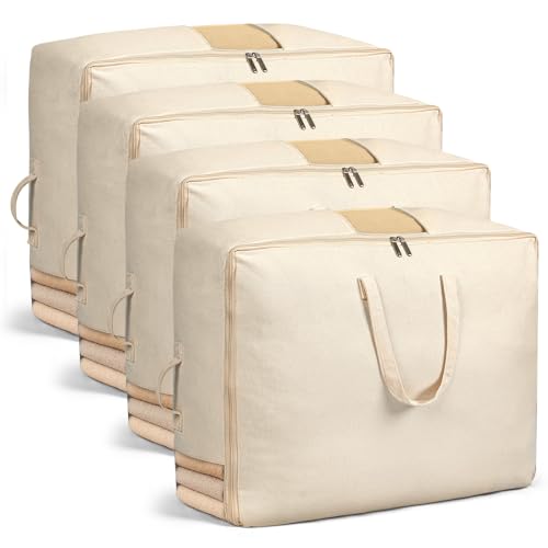 Soft Canvas Storage Bags for Comforters, Blankets, Beddings, Quilt, Clothes | King/Queen Comforter Organizer, Cotton Canvas, 4 Pack, 4 Handles & 2 Clear Windows, Reinforced Zippers, 25x19x9in