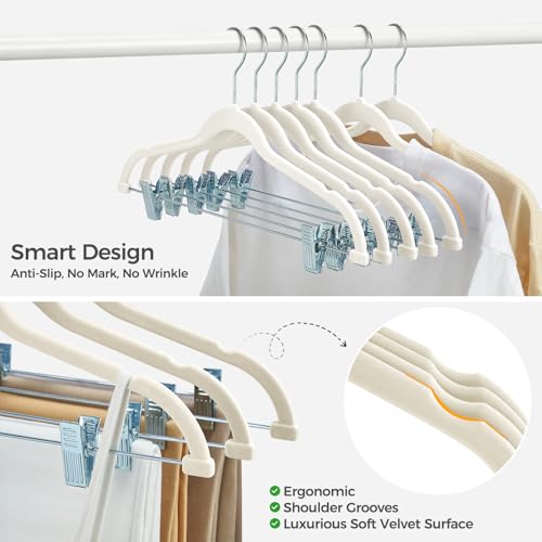 HOUSE DAY Velvet Skirt Hangers with Adjudtable Clips 10 Pack, Ivory | Non Slip Suit Organizer with 360° Hook, Heavy Duty Hanger for Pants, Skirts, Shorts, Outfit Hangers All-Season Space Saver
