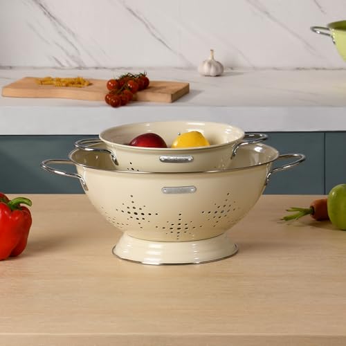 Metal Colander 2 Pack, Strainer Bowel with Handles 2Qt & 6Qt Powder Coated Solid Ring Base Heavey Duty Kitchen Drainer Basket for Pasta Veggies and Fruits,New Home Apartment Essentials (Almond Cream)