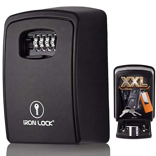 Iron Lock® XXL Wall Mount Key Lock Box, Outdoor Combination Code (Black) | Fits 20-30 spares plus fobs & cards; unique built-in tray so keys don't fall out; dial cover; screws & anchors included