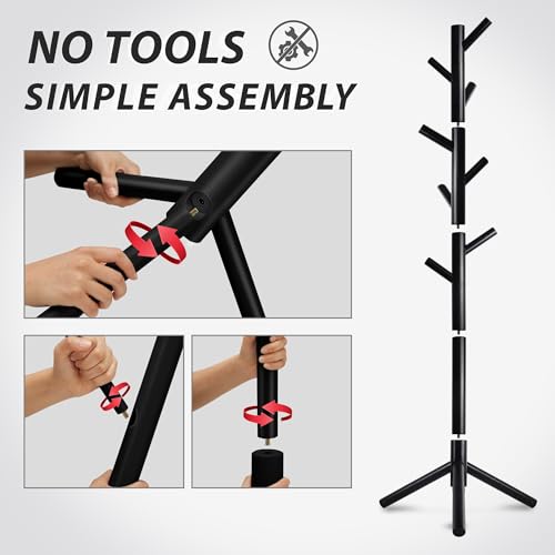 Unisakey 8-Hook Freestanding Wooden Coat Rack 3 Adjustable Heights Black | Stable Triangular Base for Safety,Durable Construction,Simple Tool-Free Assembly,Ideal for Bedroom Hallway Office Entryway