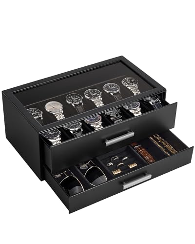 12-Slot Watch Case for Men, 2-Tier Pull-Out Drawer... (12 Count | Black)