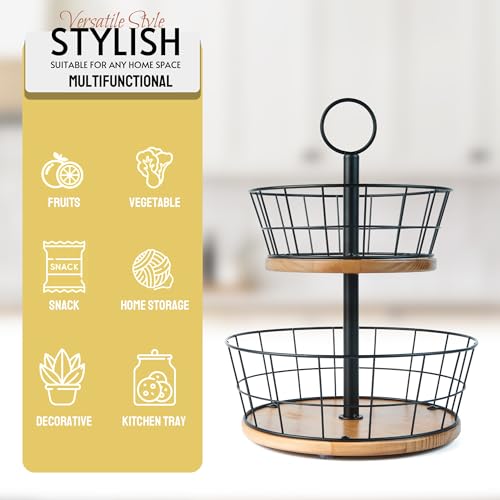 2 Tier Fruit Bowl - Sturdy Iron Wire Fruit Basket with Real Wood Base, 12 Inch Large Fruit Basket for Kitchen Counter, Anti-Slip Silicone Pads, 2 Tier Fruit and Vegetable Storage Solution