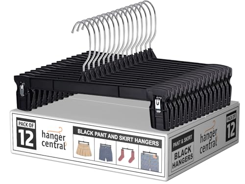 12 Inch 12 Pack Pants Hangers, Slim Plastic Clothes Hangers with Clips for Skirts, Pants, Shorts, Space Saving Heavy Duty Closet Organizer with Non Slip Grip & Swivel Hook – Black