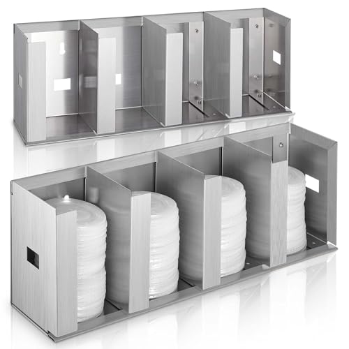 Hicarer 4 Compartments Stainless Steel Cup Dispenser with Adjustable Dividers Silver Cup and Lid Holder Lid Organizer Storage for Cabinet Kitchen Cafe Tea Shop Restaurant, Silver