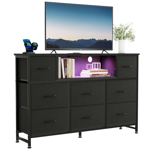 LED TV Stand Dresser with Charging Station, Entert... (Black | Metal, Wood)