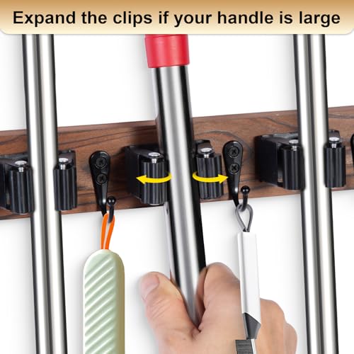 FunCee Broom Holder Wall Mount With 5 Slots & 4 Hooks,Rustic Wood Broom & Mop Hanger,Wall Mounted Garden & Garage Tool Storage Organizer Rack for Closet Laundry Room or Kitchen Wall Decor