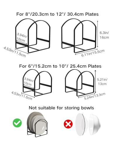 4 Pack Kitchen Plate Holder Organizer for Cabinet Space Saver Dinner Dish Plate Storage Rack Upright Dish Drying Racks Metal Dish Racks Stand for Cupboard and Countertop 2 Large 2 Small Black