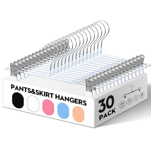 HUADYMEET 12 Inch Heavy Duty Pants Skirt Hangers with Clips,White,30 Pack | Metal,Space Saving,Adjustable,Hanger for Jeans Shorts Clothes Slacks Trousers,For Adult Men Women Children, Non Slip