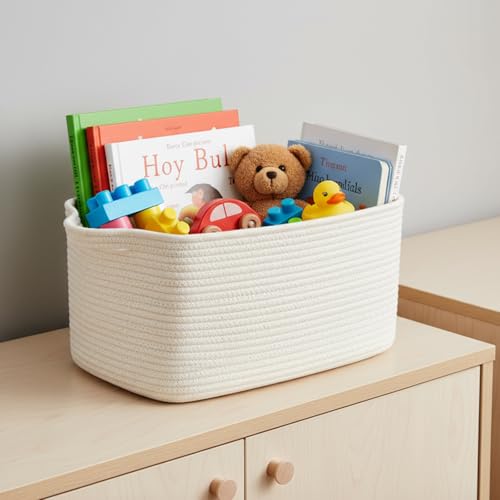 R RUNKA Cotton Rope Basket Set of 3 (15"x10.2"x9.1") - Rectangle Storage Bins - Versatile Toy Storage Organizer - Perfect for Kids, Dog Toys, Books, Shelves - White