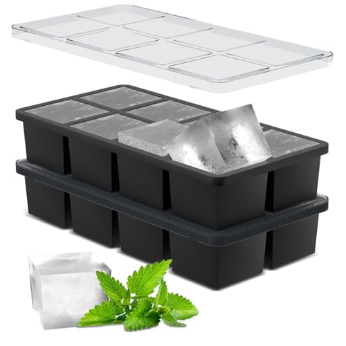 Samuelworld Large Ice Cube Tray: 2024 Upgraded Silicone Square Ice Cube Mold For Whiskey, New Upgraded 2 Inch Large Cubed Ice Trays for Cocktail, Big Cube Ice Maker Mold (2 Pack, Black)