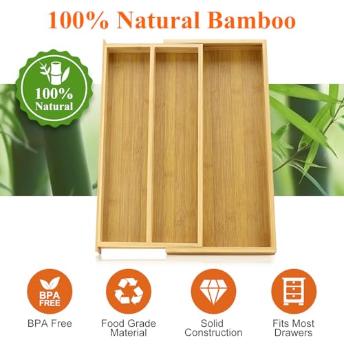 Large Bamboo Kitchen Utensil Drawer Organizer Expandable Silverware Tray | Big Cooking Utensil Drawer Divider Spoon Flatware Organizer Storage Adjustable Wooden Cutlery Holder Tool Knife Spatula Tray