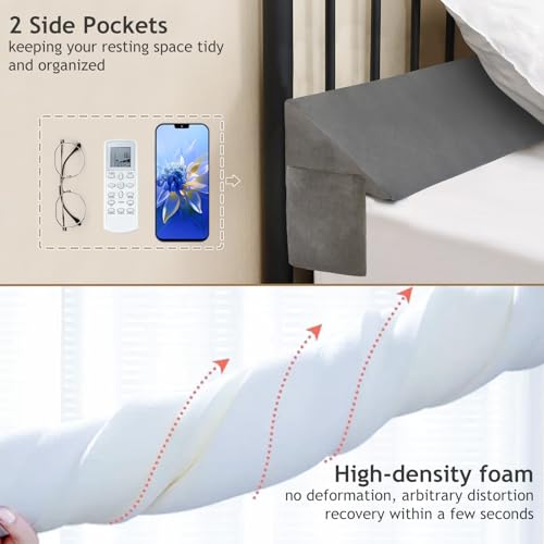 Vekkia Queen Bed Wedge Pillow for Headboard Gap Filler(0-5"),High-Density Foam,Prevents Pillows & Items from Falling,Ergonomic Design,Large Storage Pockets, Removable&Washable Cover,Gray,60''x10''x6''