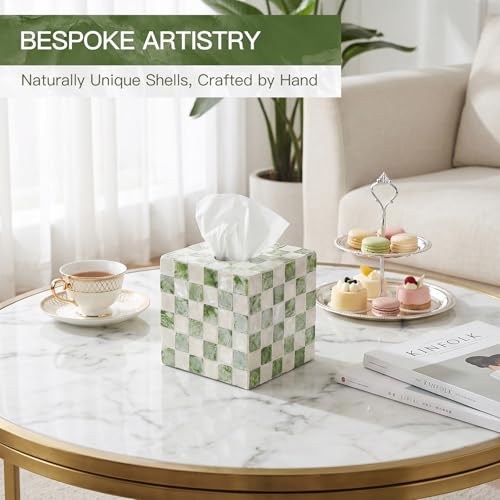 Capiz Tissue Box Cover, Square Decorative Tissue Holder with Bottom Slider, Handmade Checkered Cube Tissue Box Cover for Bathroom Vanity,Office or Bedroom,Green