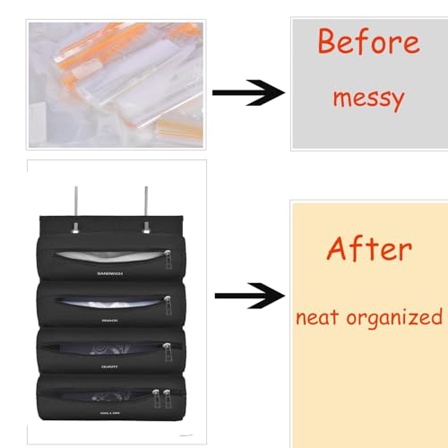 Zipper Bag Organizer Compatible with Gallon, Quart, Sandwich & Snack Food Storage Bag, Kitchen Plastic Bag Storage Organizer for Kitchen RV Camper (Black)