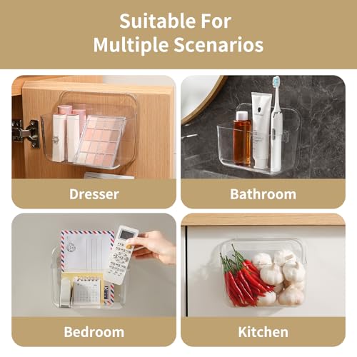 2 Pack Adhesive Cabinet Door Organizer, Compact Kitchen Under Sink Organizer, Clear Lid Storage Container for Pantry Shelves, Wall Mounted Bathroom Shower Caddy Hanging Closet Organizer