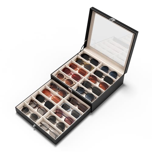 20 Slots Sunglass Organizer for Women Men Sunglass... (Black | Leather, Velvet)