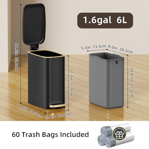 KSSKSS Small Bathroom Trash Can with Lid Soft Close, Step Pedal, 6L / 1.6 Gal Stainless Steel Garbage Bin with Removable Inner Bucket, Slim Wastebasket for Narrow Spaces (Black)