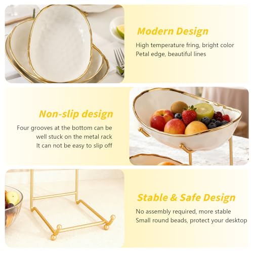 2 Tier Ceramic Fruit Bowl for Kitchen Counter with Metal Rack, Fruit Basket with Stand, Porcelain Bowls for Vegetable Bread Candy Snack Nuts Dessert Cake Tray (Gold 2 layer)