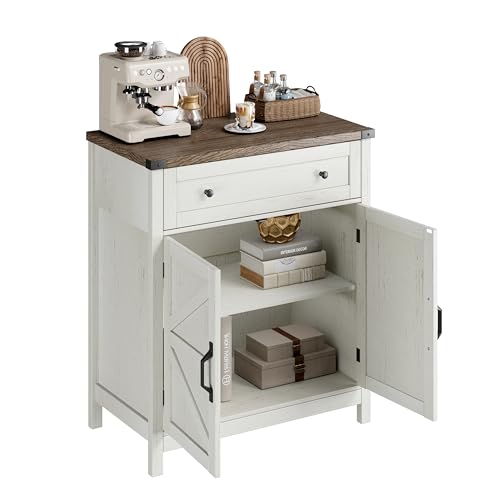 ChooChoo 30" W Coffee Bar Cabinet, Kitchen Storage Cabinet with Drawer | Small Buffet Cabinet, Farmhouse Sideboard Buffet, Adjustable Shelf, Rustic White