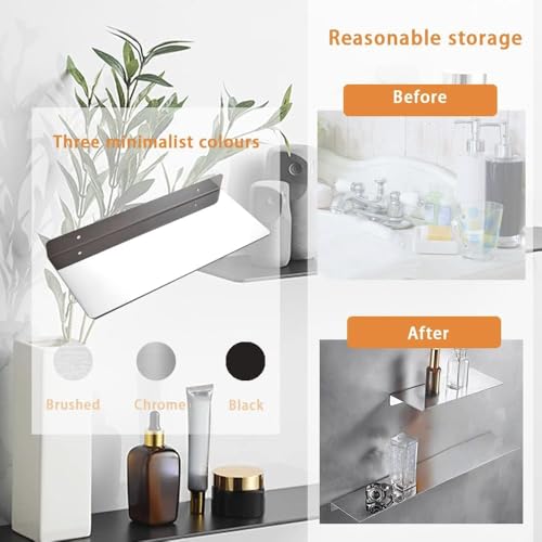 16Inch Stainless Steel Wall Mounted Floating Shelf Drilling or Shelf Adhesive Modern Room Decor Wall Shelf Floating Shelf for Bathroom Bedroom Decor