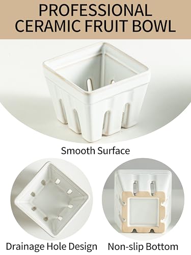 Gomakren Ceramic Berry Basket Set of 2, Square Fruit Bowl with Holes, Small Fruit Basket Containers for Kitchen Counter, Berries, Strawberry, Grape, Cherry, White