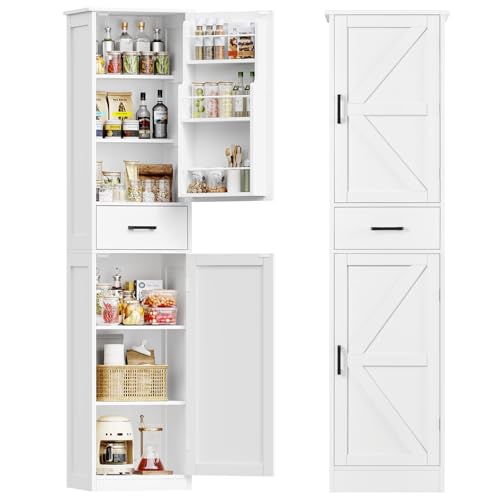 Tall Storage Cabinet with 3 Door Shelves & 1 Drawer, Narrow Kitchen Pantry Cabinet for Living Room, Bathroom, Entryway, White