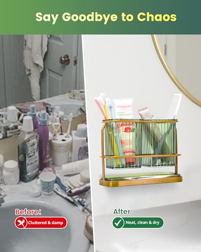 Green Toothbrush Holders for Bathrooms, 2 Cups Toothbrush Holders Wall Mounted, Dry & Wet Separation, Bathroom Organizers and Storage, Bathroom Toothbrush Holder Set for Family Kids