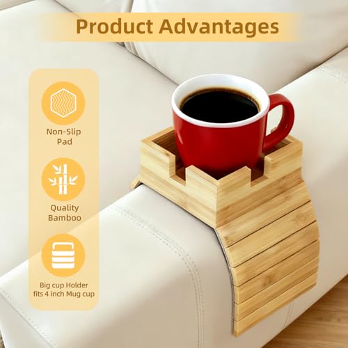 Bamboo Couch Cup Holder – Non-Slip Armrest Tray for Recliner & Loveseat – Large Caddy for Drinks, Cell Phone, and TV Remote(Large)