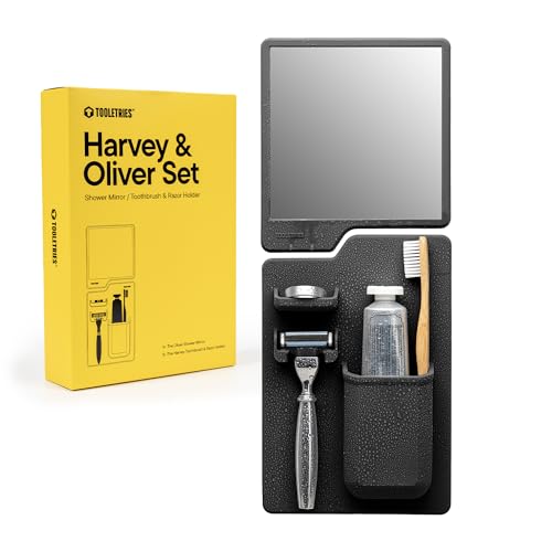 TOOLETRIES Harvey & Oliver, Shower Organizer & Shaving Mirror - Charcoal | Shower grooming station with a clear-view mirror and reusable organiser for everyday grooming.