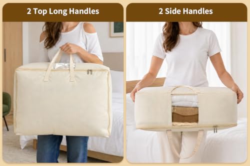 Soft Canvas Storage Bags for Comforters, Blankets, Beddings, Quilt, Clothes | King/Queen Comforter Organizer, Cotton Canvas, 4 Pack, 4 Handles & 2 Clear Windows, Reinforced Zippers, 25x19x9in