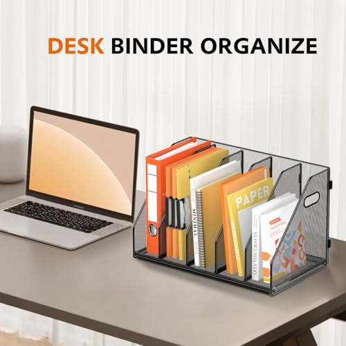 Binder Organizer, Magazine File Holder with 5 Vertical Rack, Black | Metal Desk File Organizer & Binder Holders, Magazine Organizers for Office Desktop, Home, School, Classroom