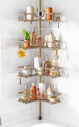 HAMITOR No-Drill Shower Rack, 4-Tier Corner Rustproof Tension Pole, Khaki | Bathroom Accessories With Hooks Renter-Friendly, 47.7-123.6in Adjustable, Space-Saving Bathtub Caddy For Family, Apartment RV