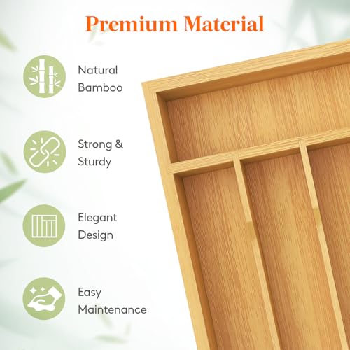 Lifewit Silverware Drawer Organizer, Utensil Tray for Kitchen, Flatware and Cutlery Holder, Storage for Spoons Forks Knives, 8.6 x 12.5", Natural