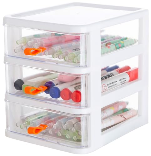 Gagee 3 Drawer Mini Desktop Unit, Clear/White Frame | Plastic Dressers with Drawers, For Arts and Crafts, Small Tools Storage, Sewing Accessories, Stationary and Hardware