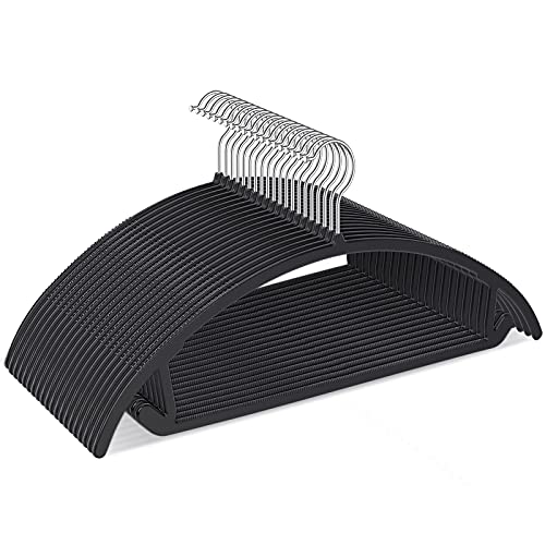 Ergonomic Curved Plastic Hangers 50pack - No Shoulder Bump Design, Non-Slip Grip for Delicate Fabrics, Heavy Duty Clothes Hangers, Holds Up to 11lbs - Ideal for Silk, Coats & Winter Wear(Black)