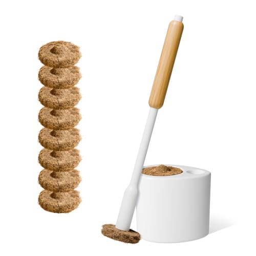 TUSHY Toilet Brush 2.0 Set with Holder, 8 Coconut Husk Scrubbing Pads | Cleanser-Infused and Disposable, Planet Friendly Refills in Lemon and Tea Tree Scents