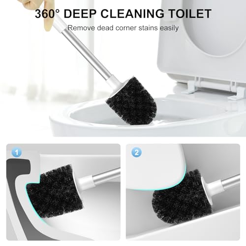 Toilet Brush and Holder 2 Pack, Self Closing Lid Toilet Bowl Brushes Holder and Extra Long Handle Ventilated Toilet Brush Set for Bathroom Cleaning, Nylon Bristles, White & Grey