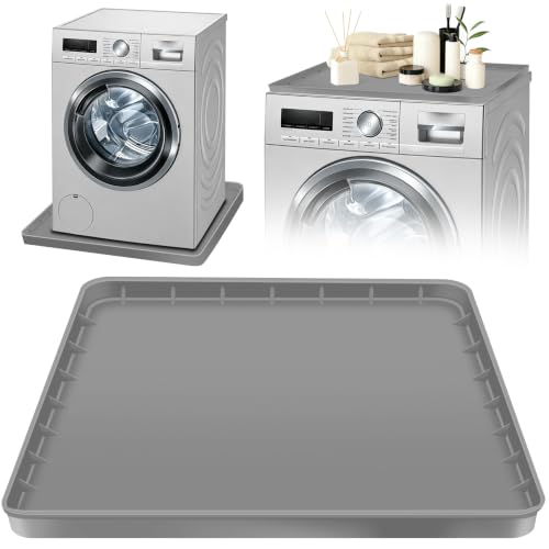 ToLanbbt 27" x 27" Washing Machine Drain Pan Mat, Soft Silicone Washer Drip Tray with 0.78" Raised Edge, Water-Proof Anti-Vibration Leak-Proof Floor Protector for Under Washer, Dryer, Fridge (Gray)