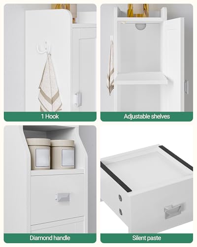 HEXCELEN Bathroom Storage Cabinet,Tall Narrow Bathroom Cabinet White | Narrow Tall, Freestanding Floor Cabinet, 2 Doors and 1 Drawer, Adjustable Shelf, 1 Hook